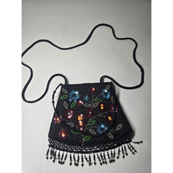Vtg 90s Valerie Stevens Black Beaded Sequin Evening Bag Purse Floral Design - Picture 8 of 12